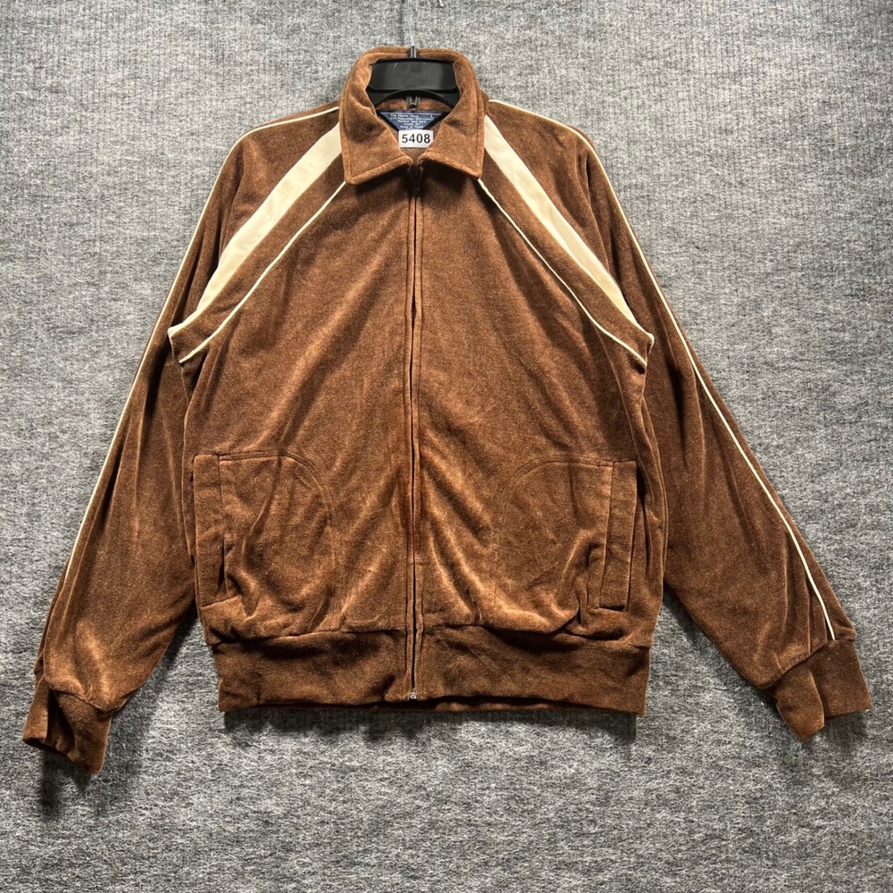 Vintage JCPenney The Mens Shop Brown Velour Track Jacket Large 70s 80s Zip Up